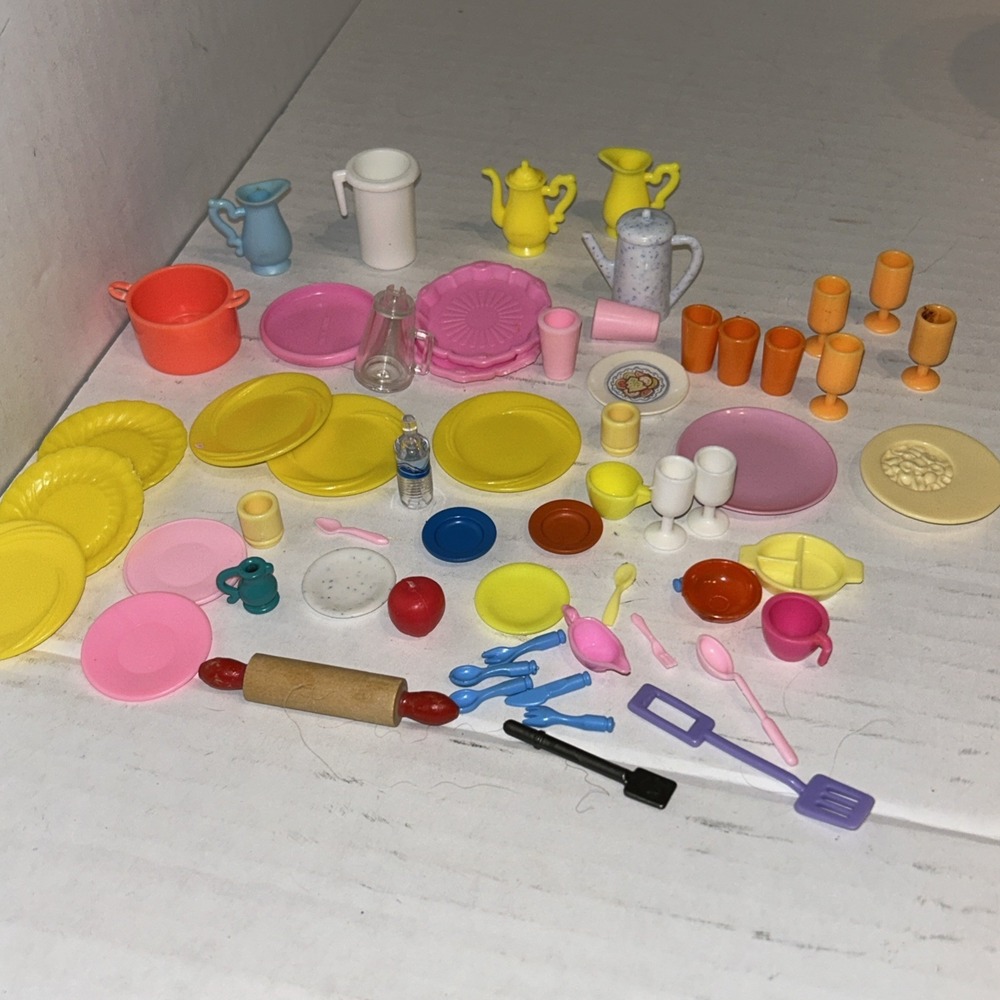 Lot of 59 Pieces Vintage Barbie Accessories Dishes Kitchen Plates Cups B3